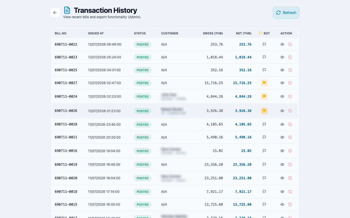 หน้าประวัติธุรกรรม มีคอลัมน์ติดธง BOT เลือกบิลที่จะรวมในรายงาน ธปท.